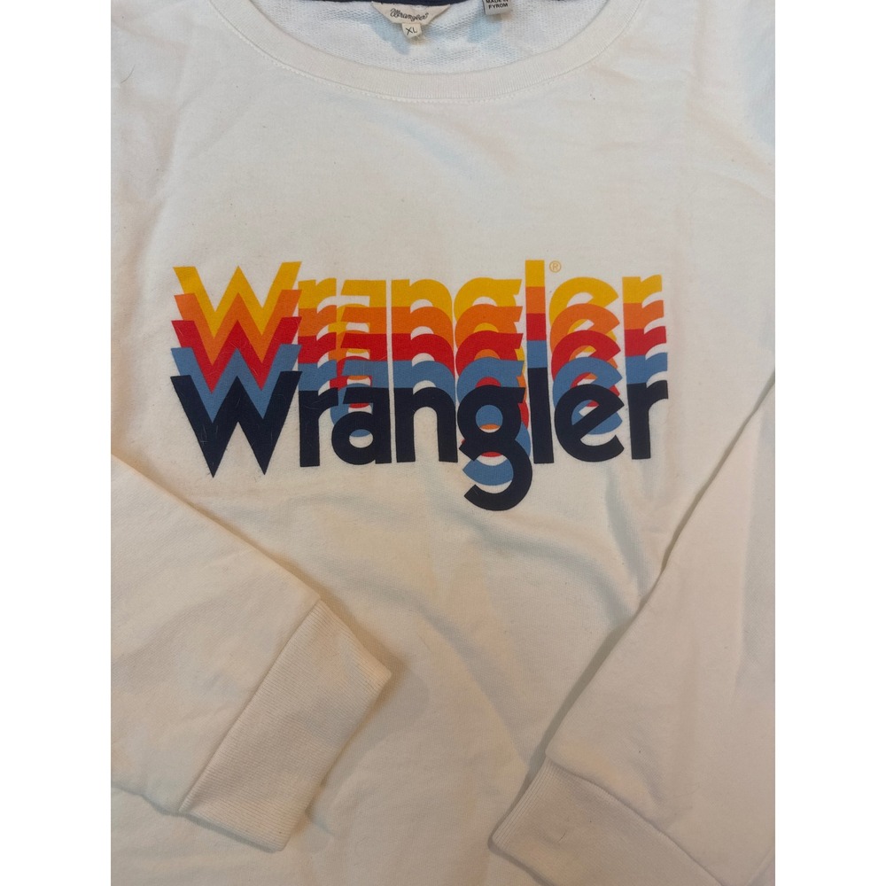 Wrangler Womens XL White Retro Rainbow Stacked Logo Graphic Crewneck Sweatshirt
